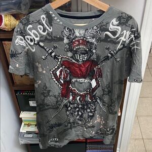 Y2K Rebel Spirit Distressed, Embroidered & etc. Gray and Red Knight Graphic Tee